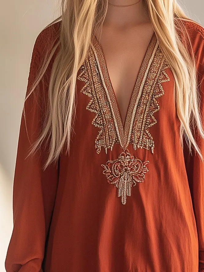 Bohemian Ribbon Long Sleeve Mini Dress