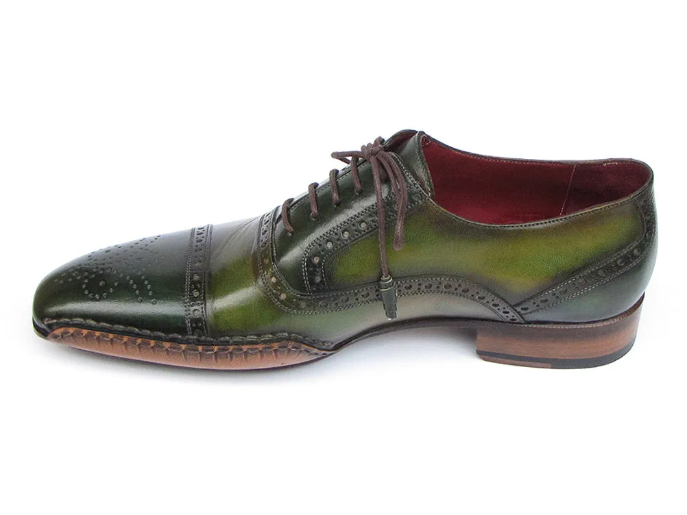 Paul Parkman Men's Side Handsewn Captoe Oxfords Green / Yellow Shoes (Id#5032)